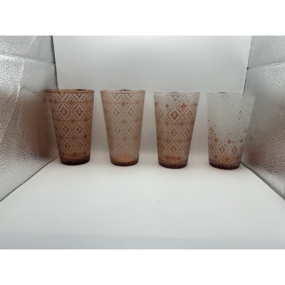 4-PC Tumbler Glasses Pink & White Geo-Diamond Design‎ Pattern